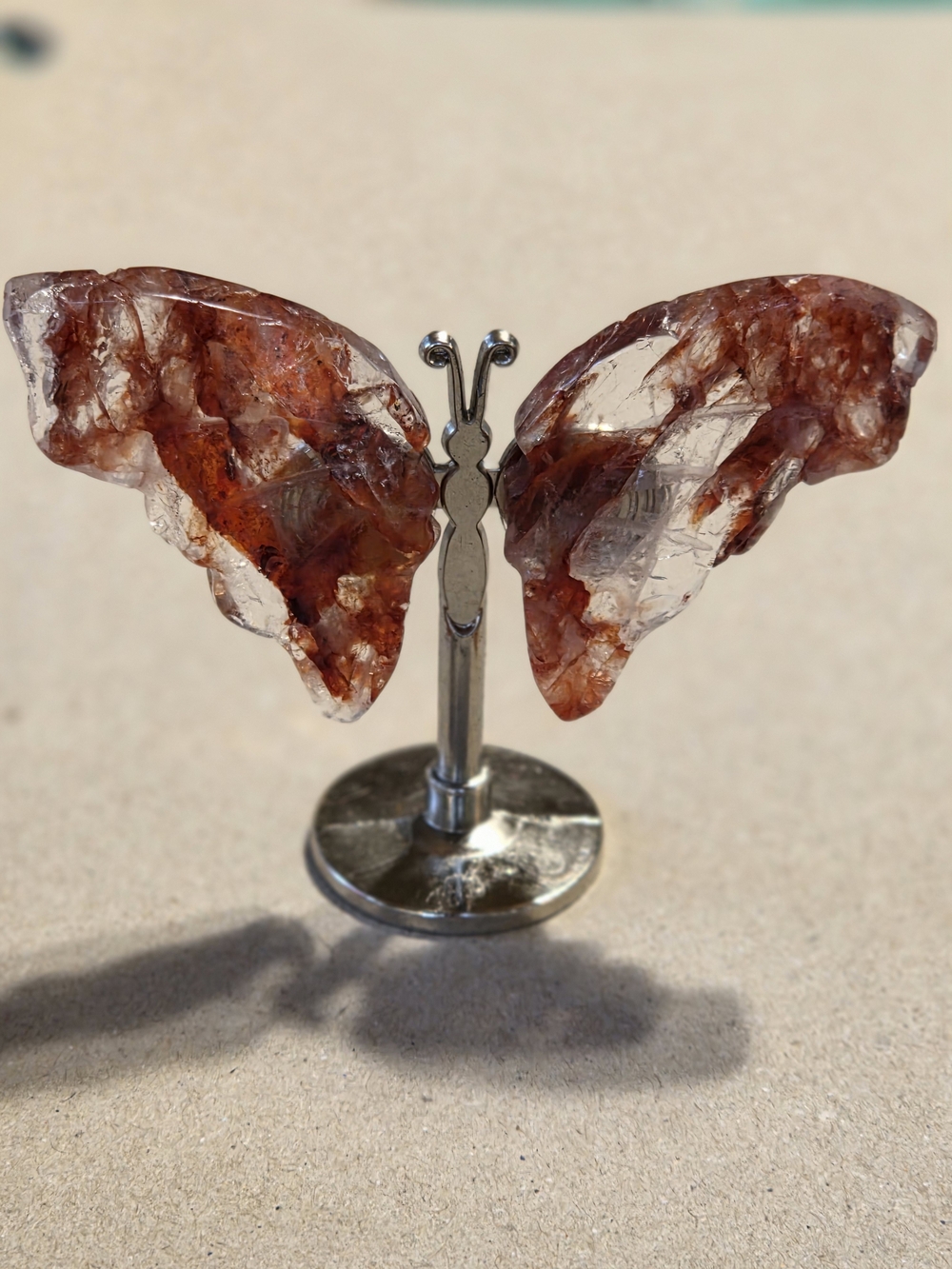 Fire Quartz Crystal Butterfly Wings On Metal Body Stand Decor